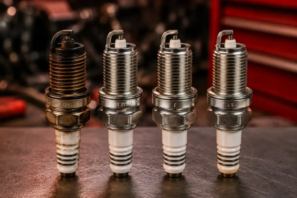 Comparing a fouled spark plug against healthy spark plugs