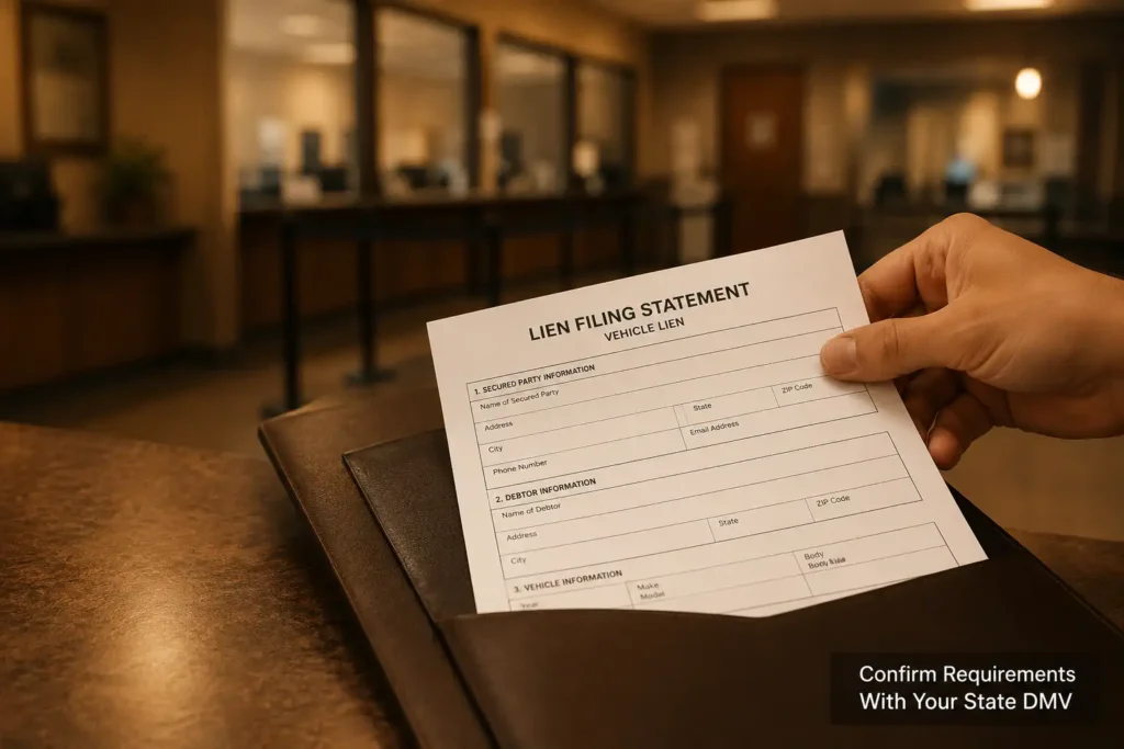 Filing lien paperwork at a state DMV title office