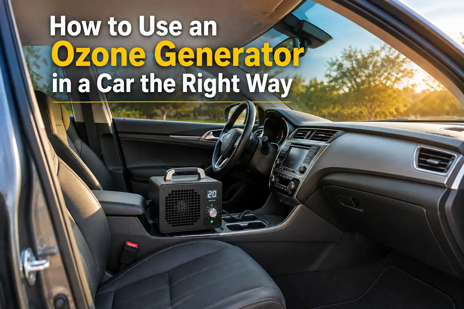 Ozone generator placed inside a clean car ready for treatment