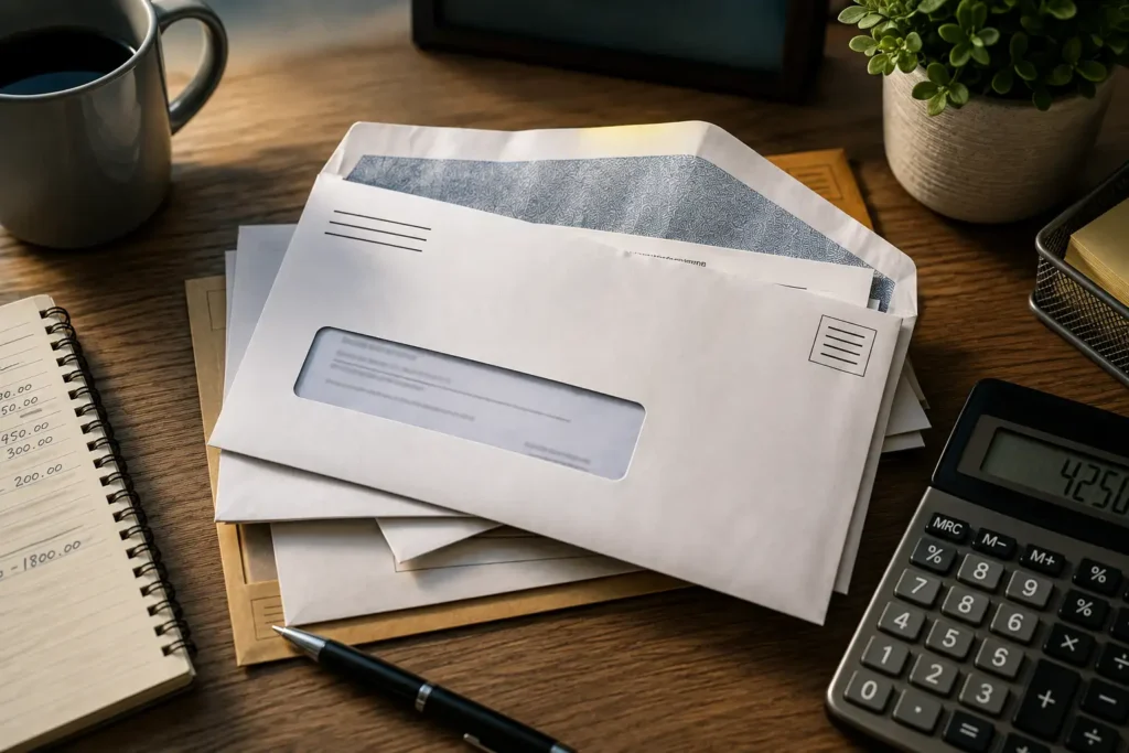 Reviewing official notice letters about a tax debt at a home desk