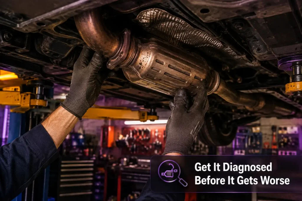Mechanic inspecting a car's exhaust and catalytic converter on a lift