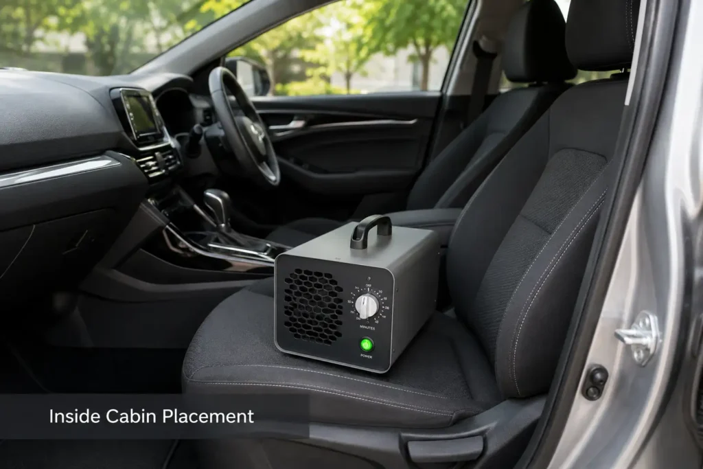 Portable ozone generator placed on a car passenger seat