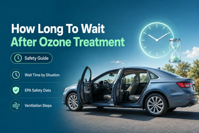 Car with doors open airing out after ozone generator treatment