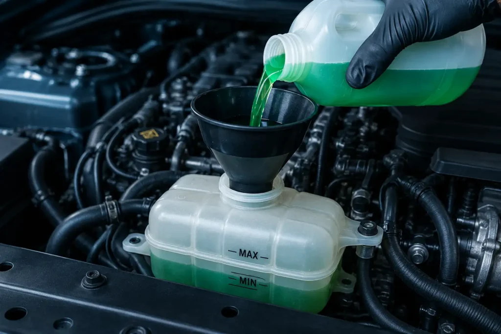 Pouring coolant into a car's coolant reservoir with a funnel