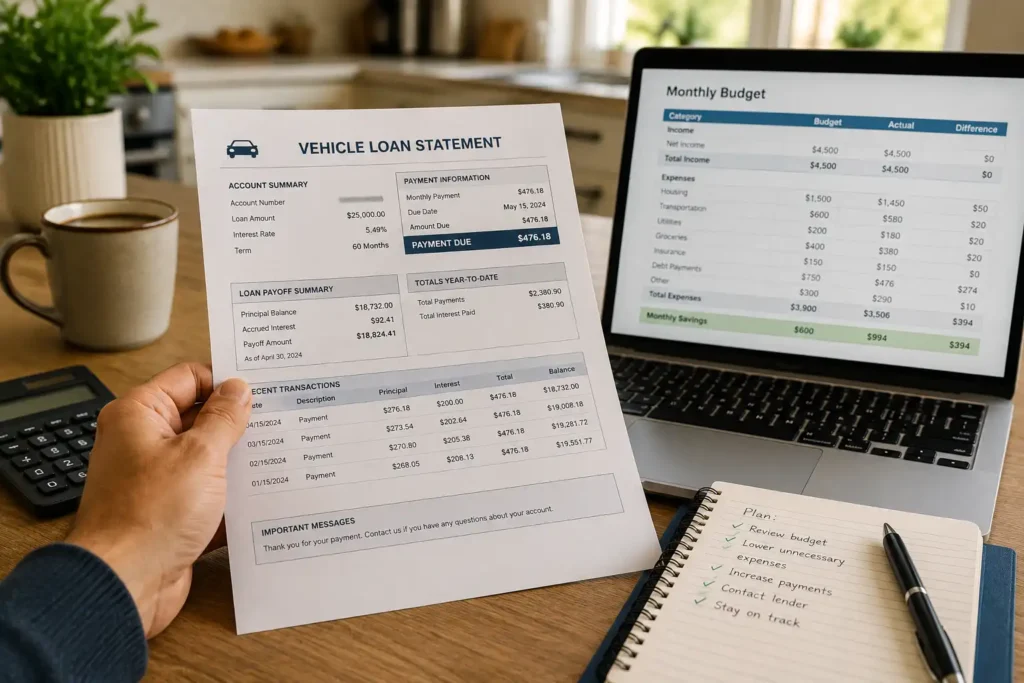 Reviewing car loan payment documents while managing a tax debt plan