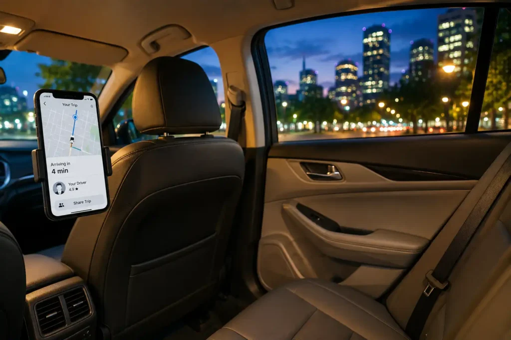 Rideshare car interior representing open container rules for passengers