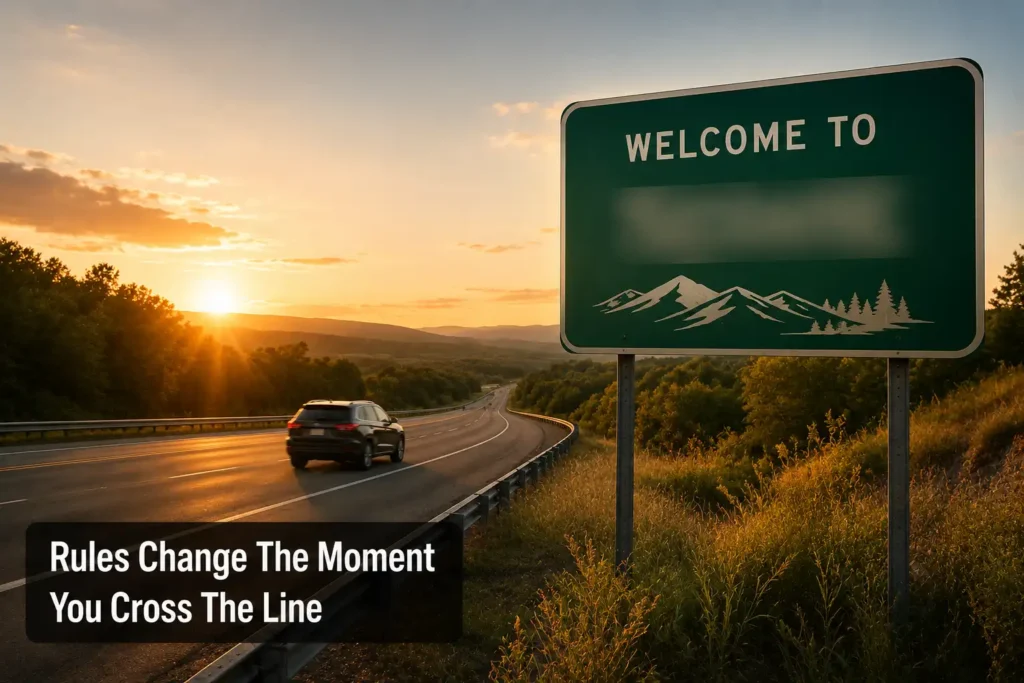 Highway state line sign representing changing alcohol laws while traveling