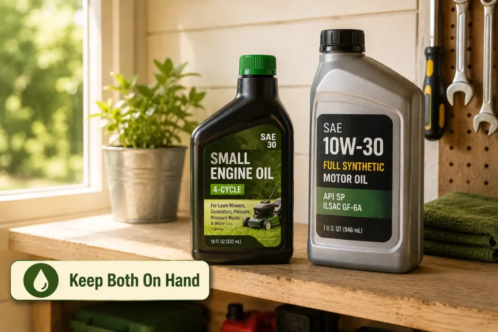 Small engine oil bottle next to car oil bottle on a shelf