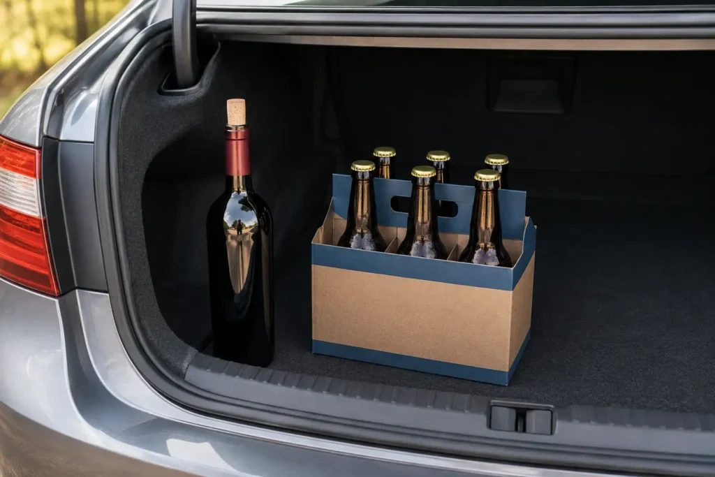 Alcohol bottles properly stored in a car trunk under Florida law