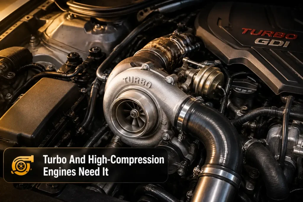 Turbocharged engine bay representing engines that genuinely require premium fuel