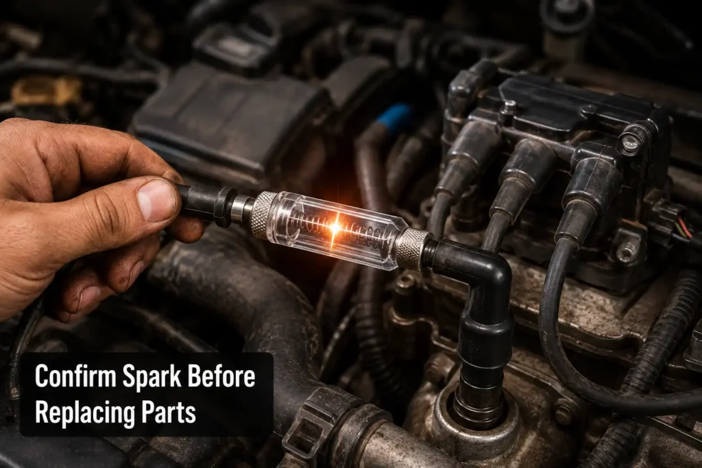 Inline spark tester checking for spark at a car engine