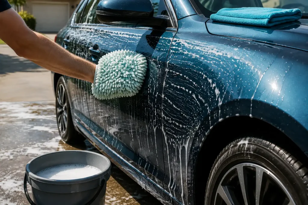 Washing one car panel at a time with a wash mitt and bucket