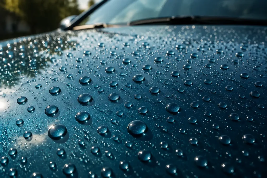 Water beading on car paint indicating a healthy wax layer