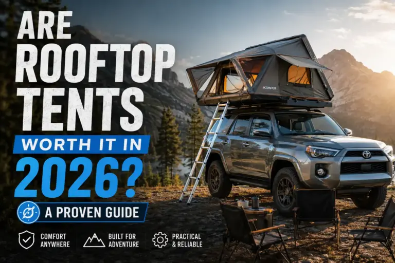 Rooftop tent mounted on an SUV at a mountain campsite for a 2026 guide on whether rooftop tents are worth it