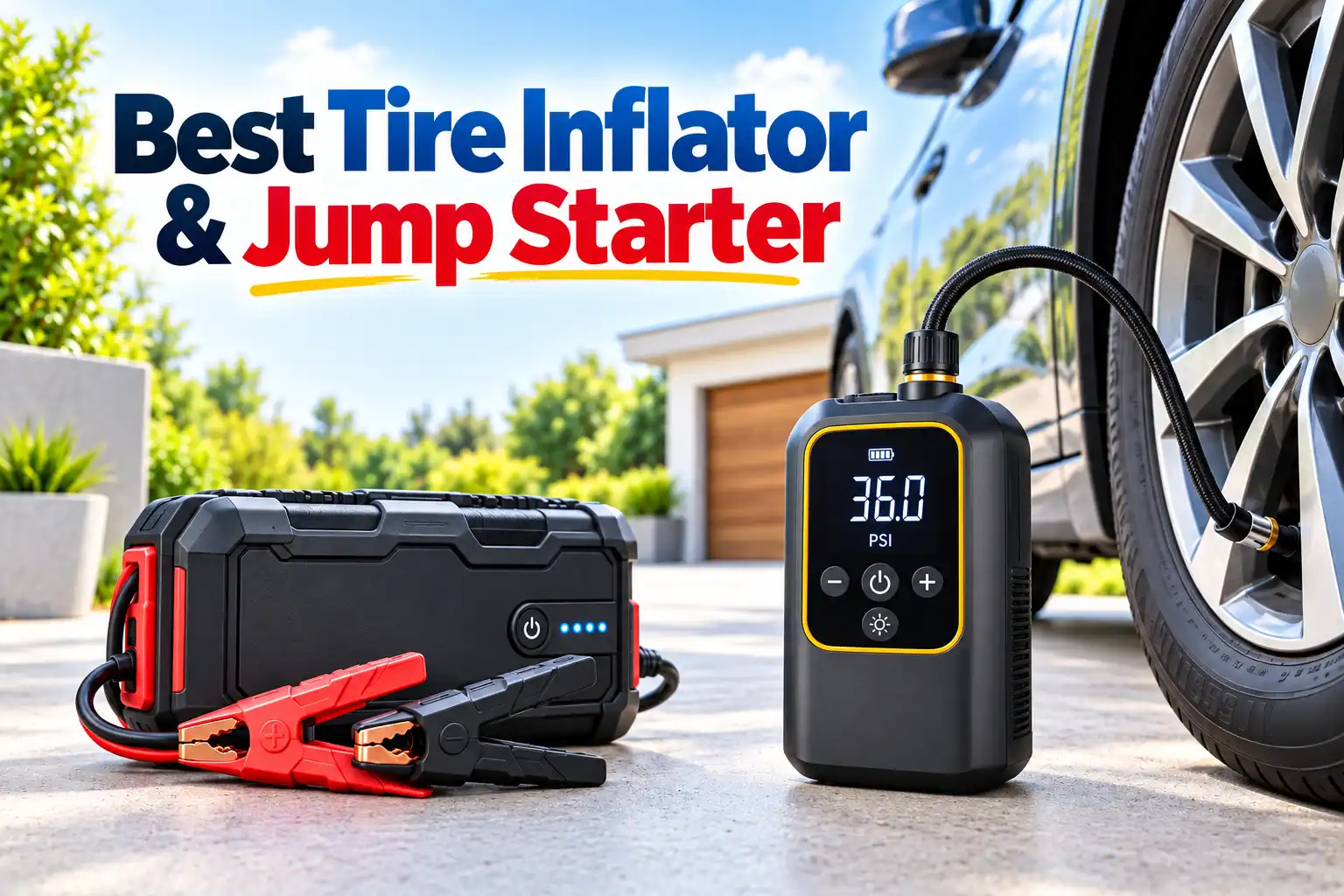 Best tire inflator and jump starter beside a car tire with air hose, battery clamps, and digital pressure display