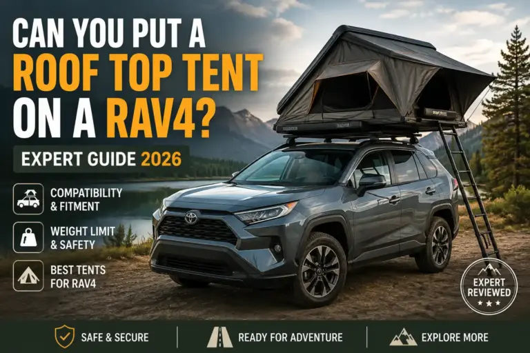 Toyota RAV4 with a roof top tent installed at a mountain campsite, illustrating rooftop tent compatibility, fitment, weight limits, and safety