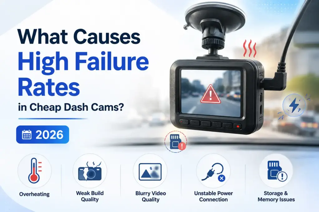 Cheap dash cam failure causes in 2026 including overheating, poor build quality, power problems, blurry footage, and memory errors