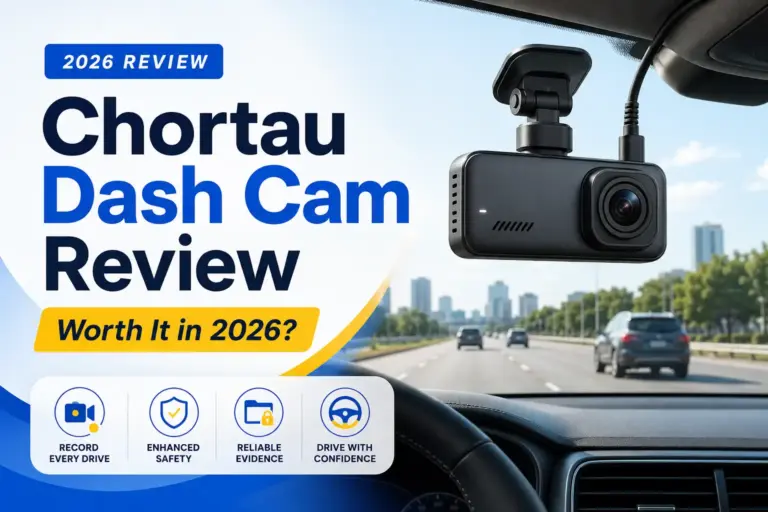 Chortau dash cam mounted on a windshield for a 2026 review.