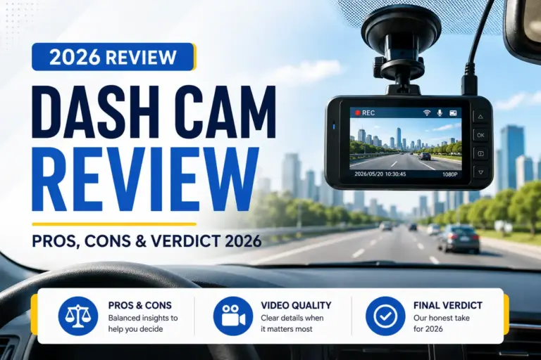 Dash cam mounted on a windshield with road footage, highlighting video quality, pros, cons, and final verdict for 2026