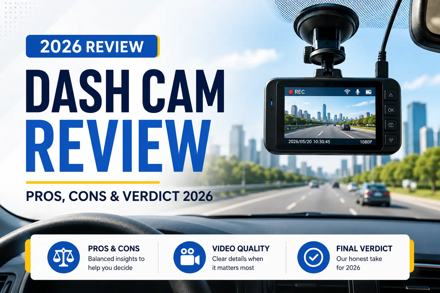 Dash cam mounted on a windshield with road footage, highlighting video quality, pros, cons, and final verdict for 2026