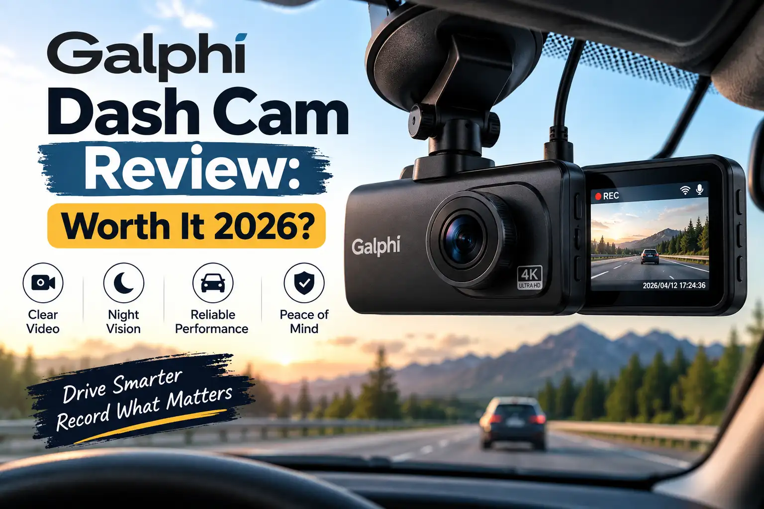 Galphi dash cam mounted on a windshield for a 2026 review with road footage on the display