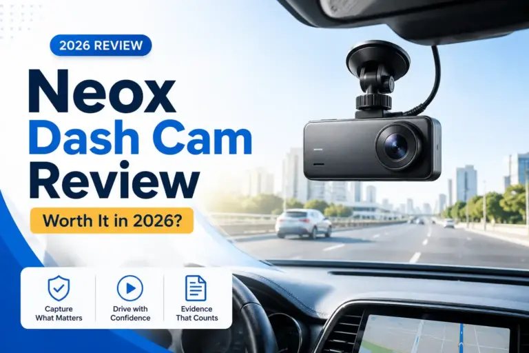 Neox dash cam mounted on a windshield with a road view for a 2026 dash cam review