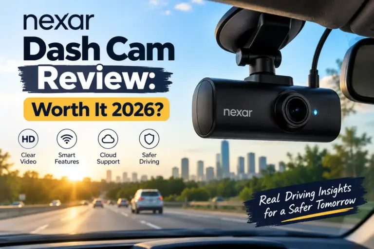 Nexar dash cam mounted on a windshield for a 2026 review