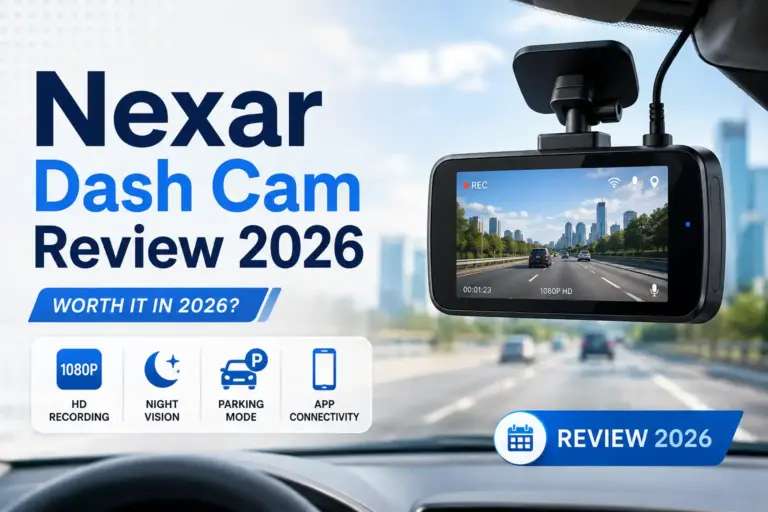 Nexar dash cam mounted on a car windshield with road recording display for a 2026 review