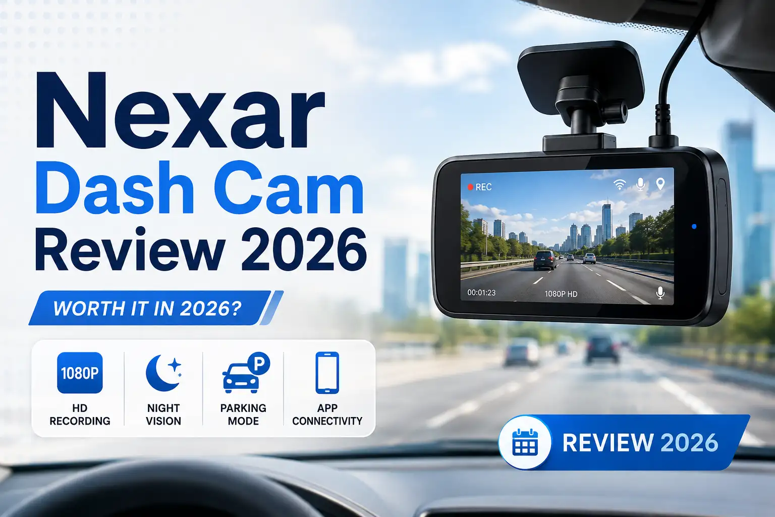 Nexar dash cam mounted on a car windshield with road recording display for a 2026 review