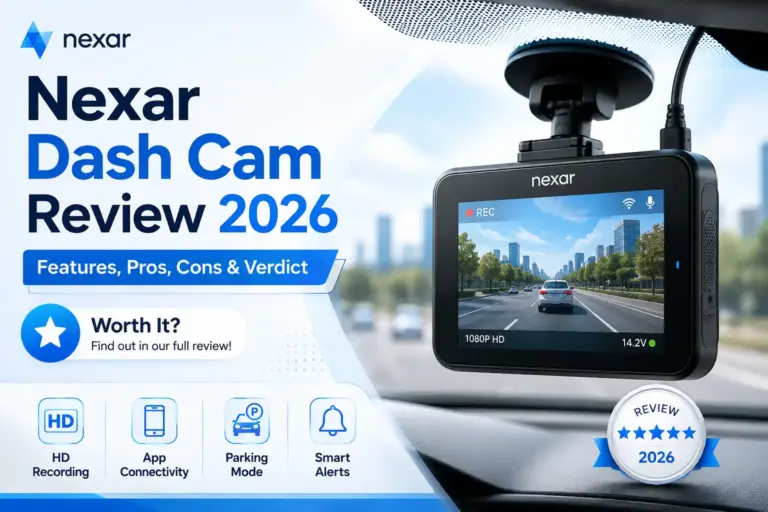 Nexar dash cam mounted on a car windshield showing road footage during a 2026 review of features, pros, and cons