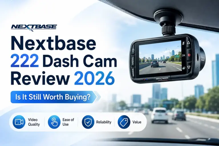 Nextbase 222 dash cam mounted on a car windshield showing road footage during a 2026 review
