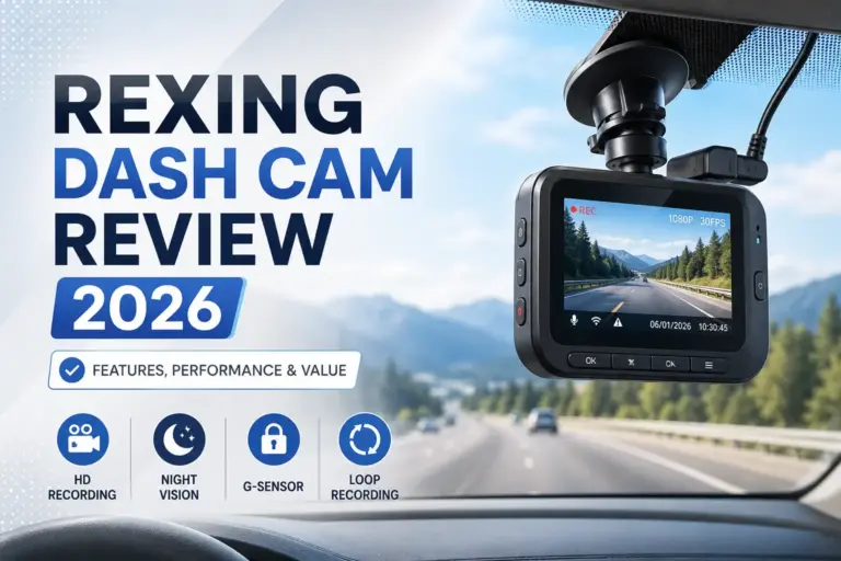 Rexing dash cam mounted on a car windshield showing road footage during a 2026 performance and value review.
