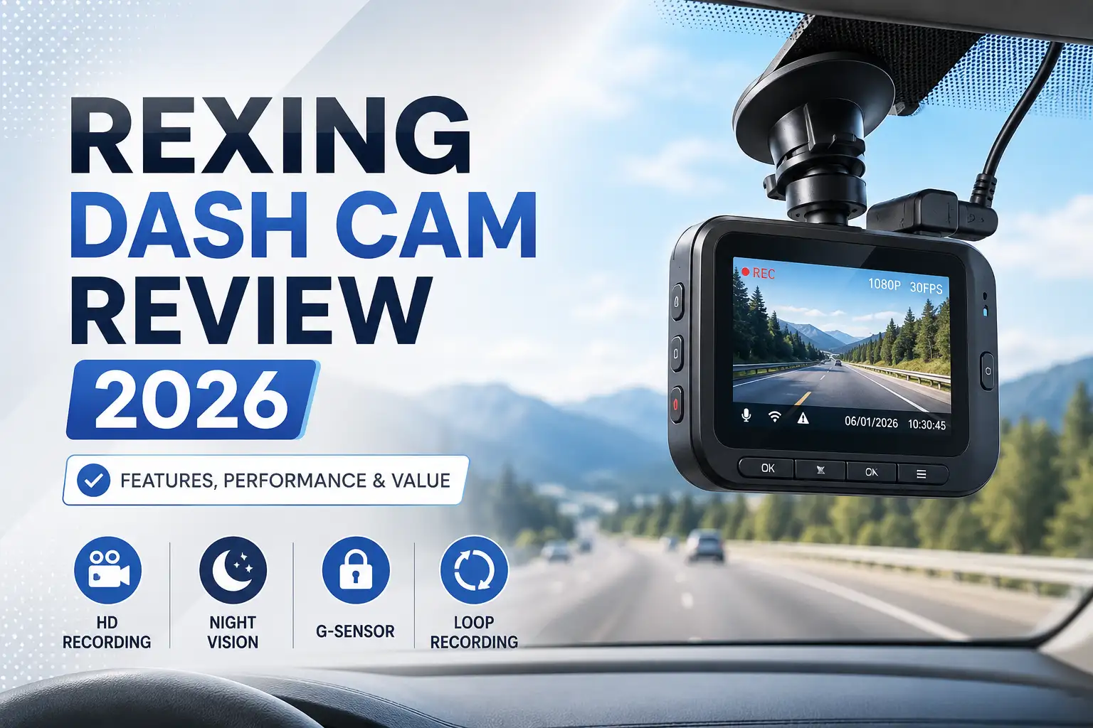 Rexing dash cam mounted on a car windshield showing road footage during a 2026 performance and value review.