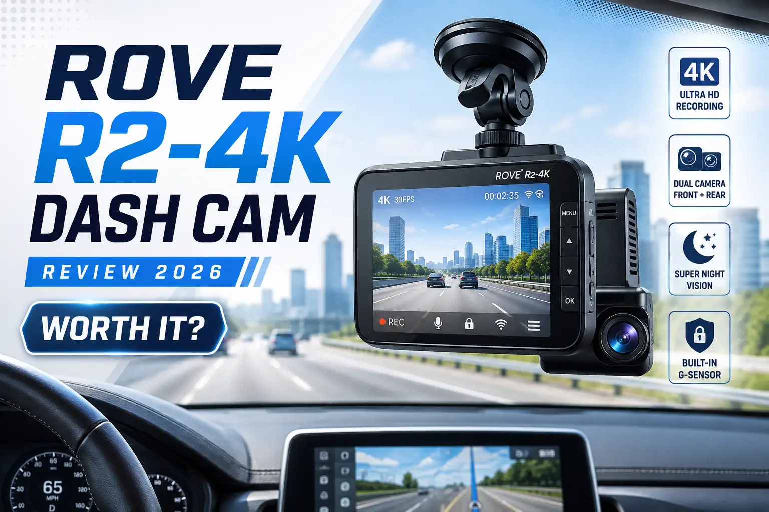 ROVE R2-4K dash cam mounted on a car windshield with front and rear road recording display for a 2026 review