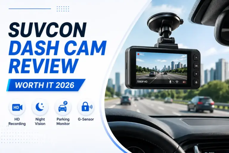 Suvcon dash cam mounted on a car windshield with road recording display during a 2026 review