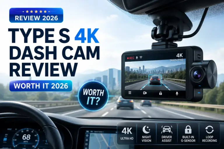 Type S 4K dash cam mounted on a car windshield with road recording display during a 2026 review