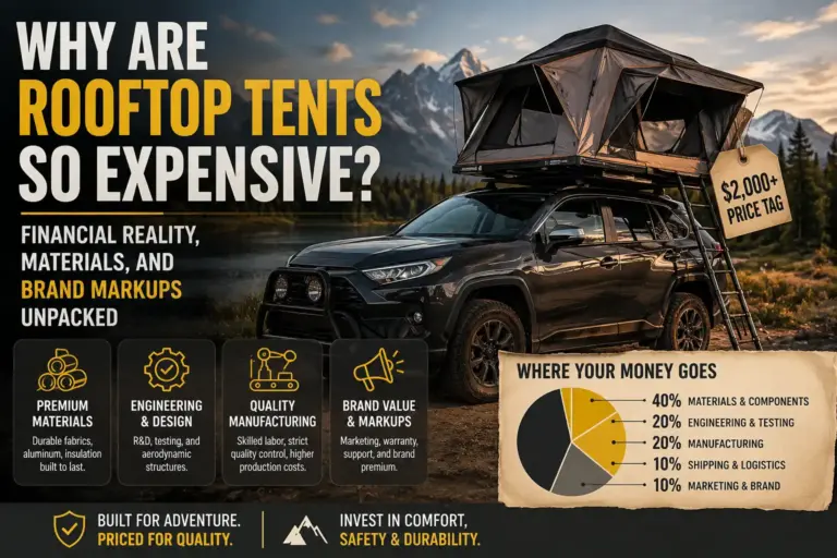 Rooftop tent mounted on an SUV with a price tag and cost breakdown showing materials, engineering, manufacturing, shipping, and brand markups