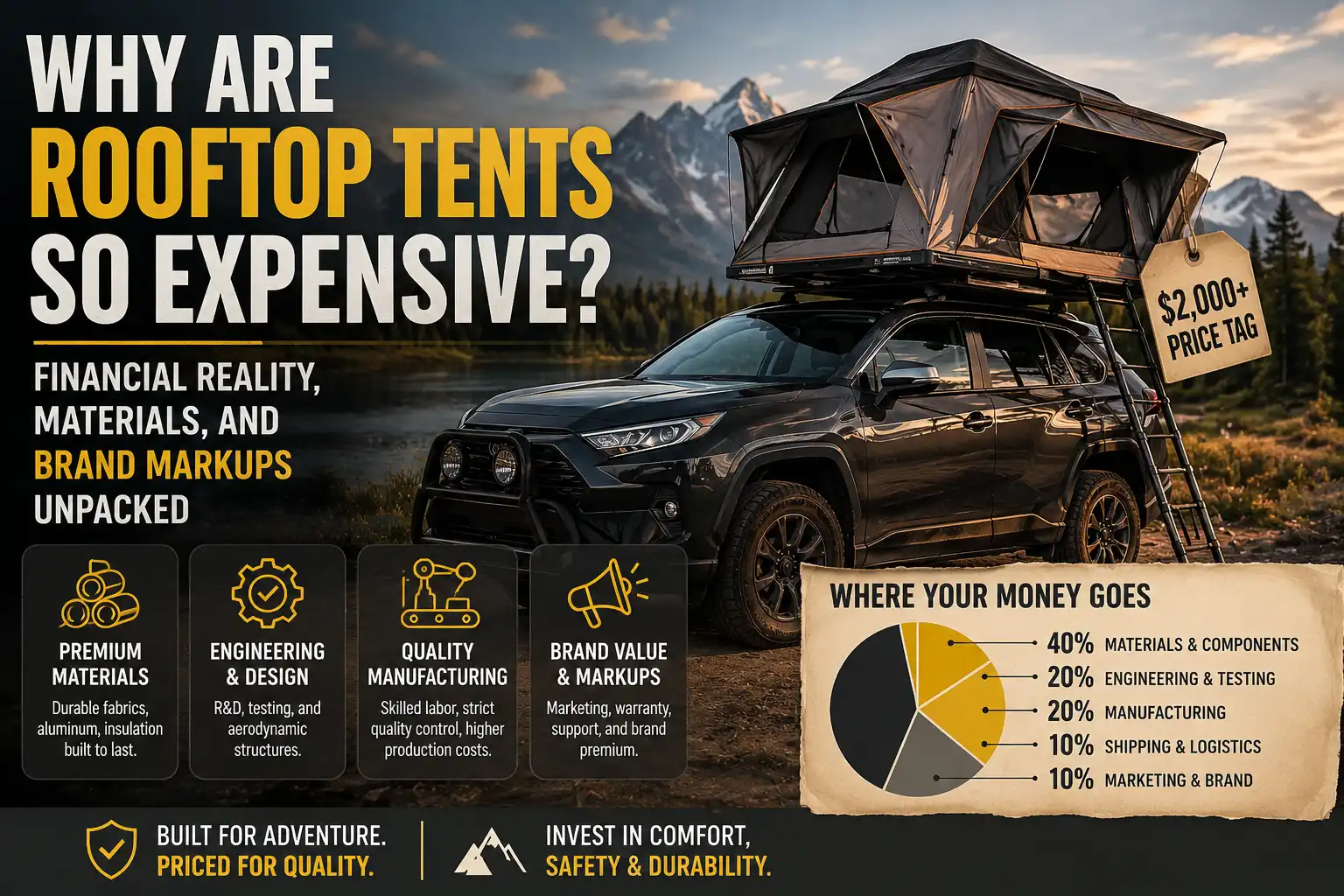 Rooftop tent mounted on an SUV with a price tag and cost breakdown showing materials, engineering, manufacturing, shipping, and brand markups