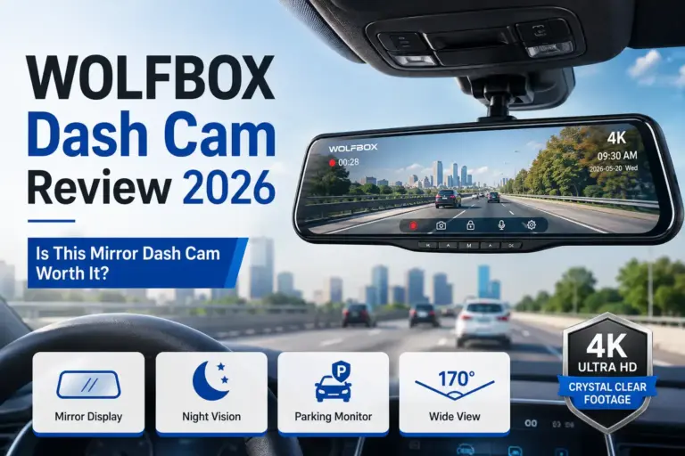 WOLFBOX mirror dash cam mounted in a car showing 4K road footage during a 2026 review