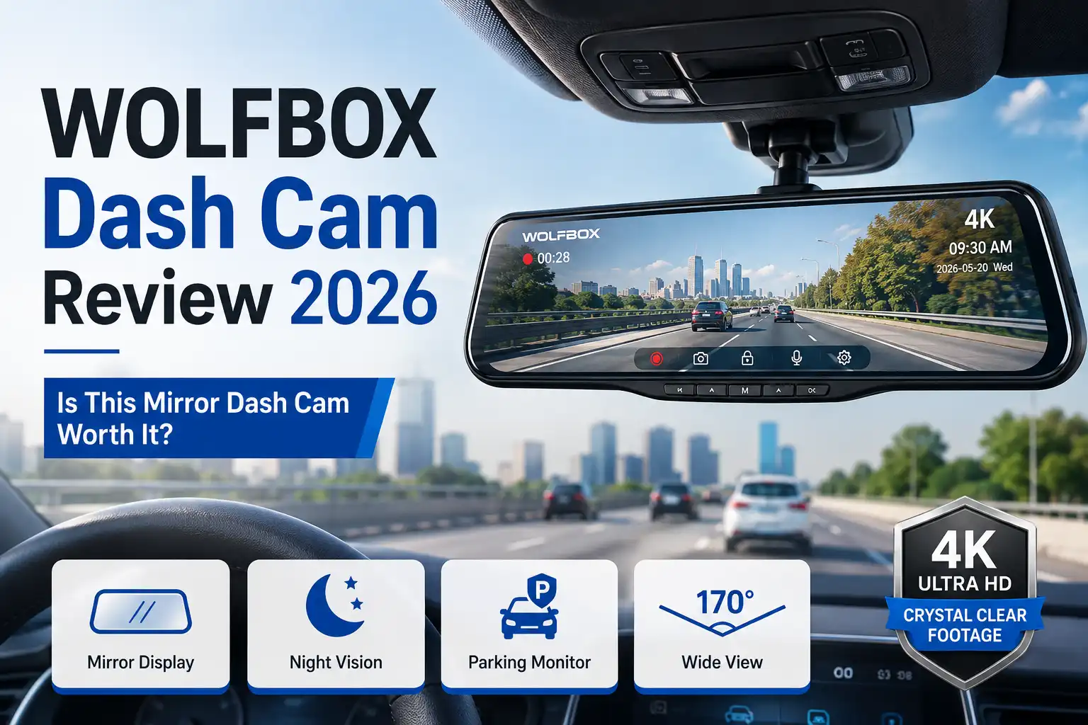 WOLFBOX mirror dash cam mounted in a car showing 4K road footage during a 2026 review