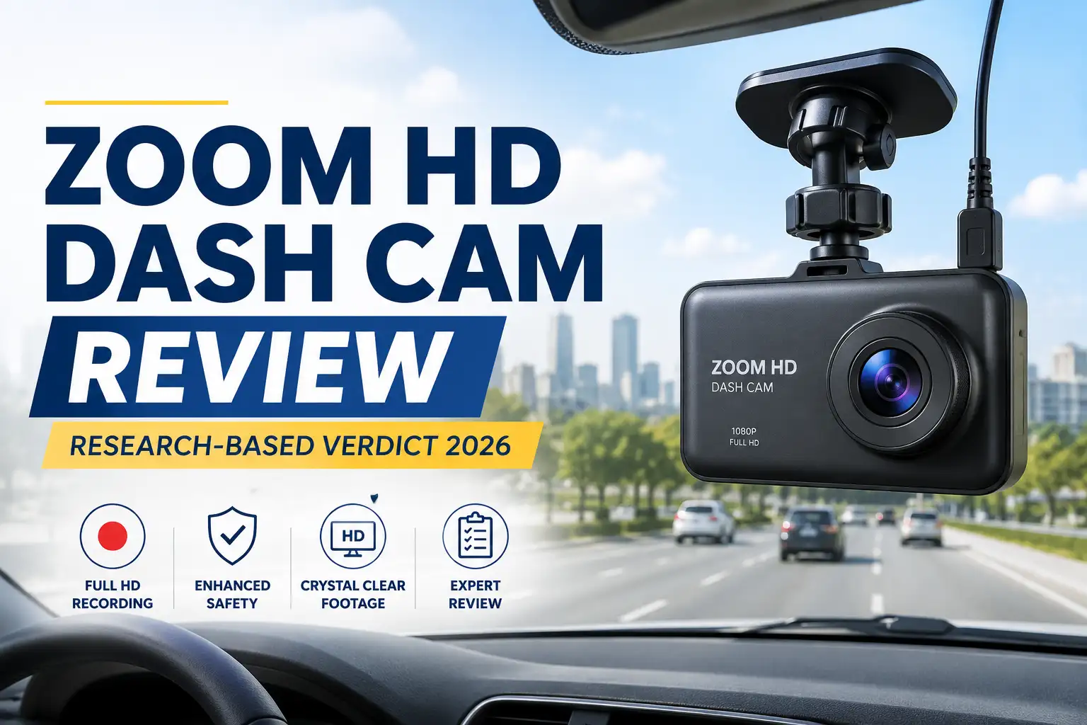 Zoom HD dash cam mounted on a windshield for a 2026 review