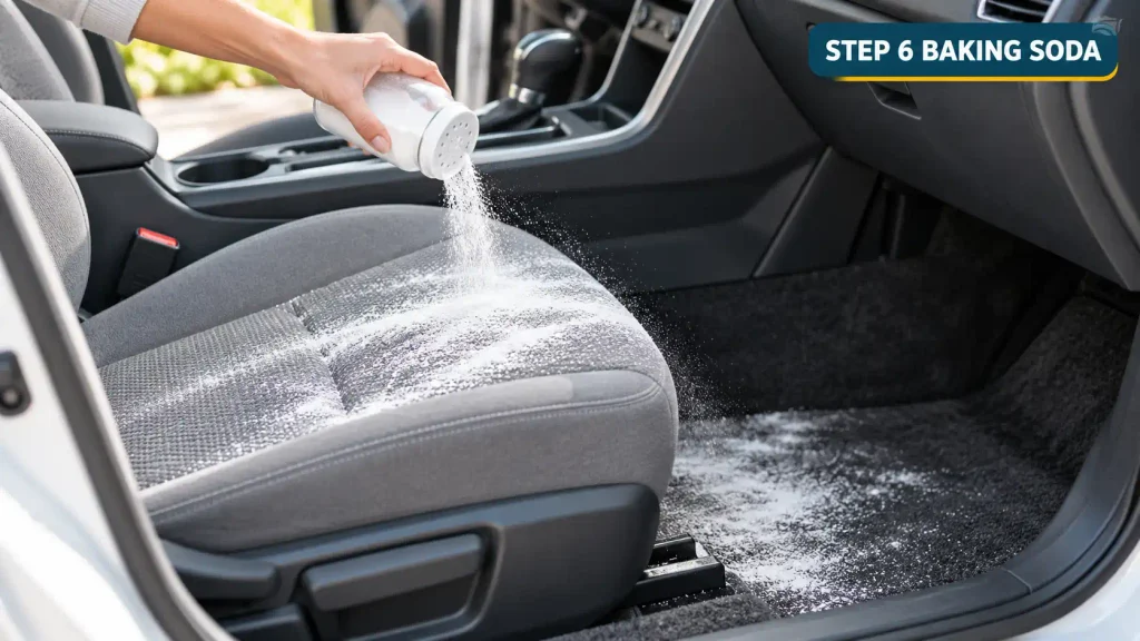 Sprinkling baking soda on a car seat to neutralize odors and freshen car interior