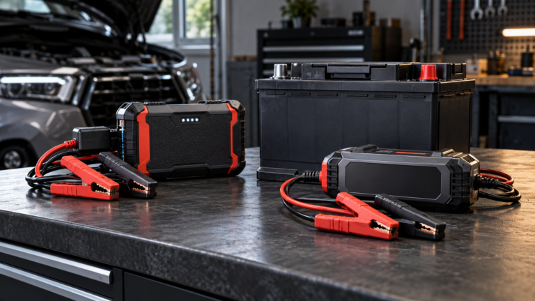 Car battery charger and portable jump starter with clamps