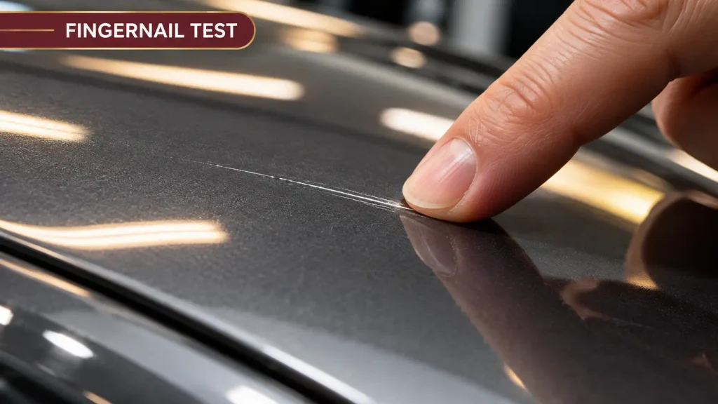 Fingernail test on a car paint scratch to check how deep the scratch is