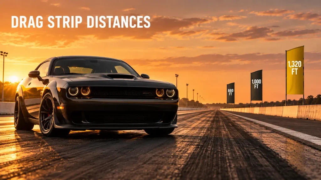 Drag strip distances: 1/4 mile is 1,320 feet with Dodge Hellcat