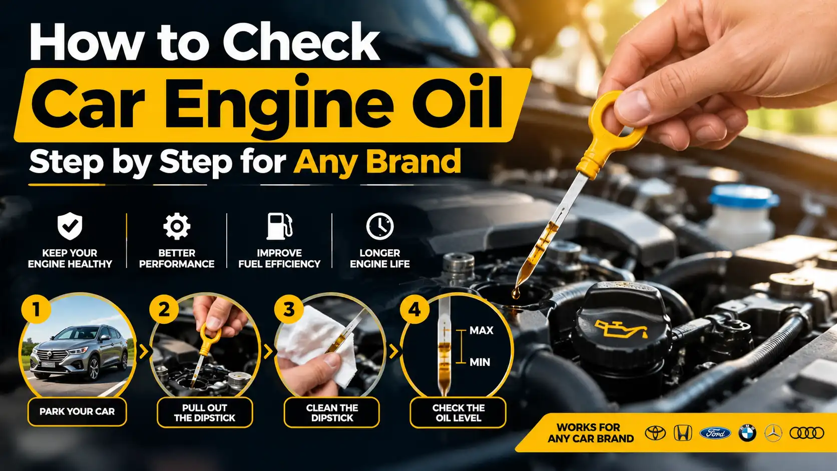 How to check car engine oil step by step using a dipstick to measure oil level between MIN and MAX marks
