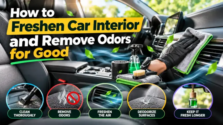 A person cleaning a car dashboard with a microfiber cloth, showing how to freshen a car interior and remove unpleasant odors.