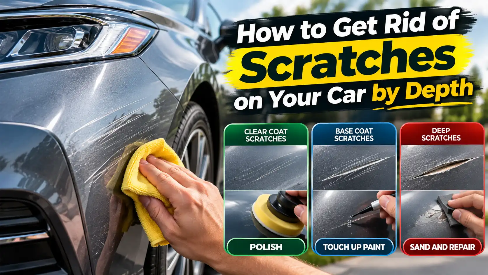 Hand polishing a silver Toyota Camry door to get rid of scratches on car paint