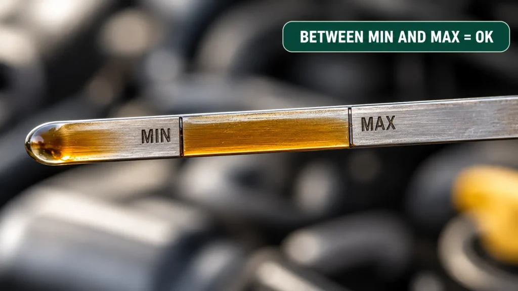 Engine oil dipstick showing amber oil level between the MIN and MAX marks