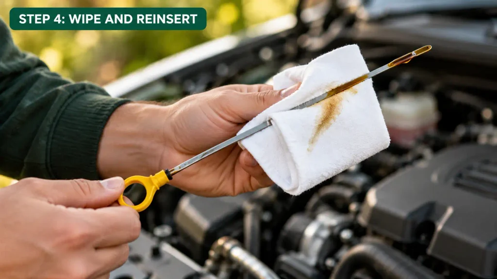 Wiping a car engine oil dipstick clean with a lint-free cloth before rechecking